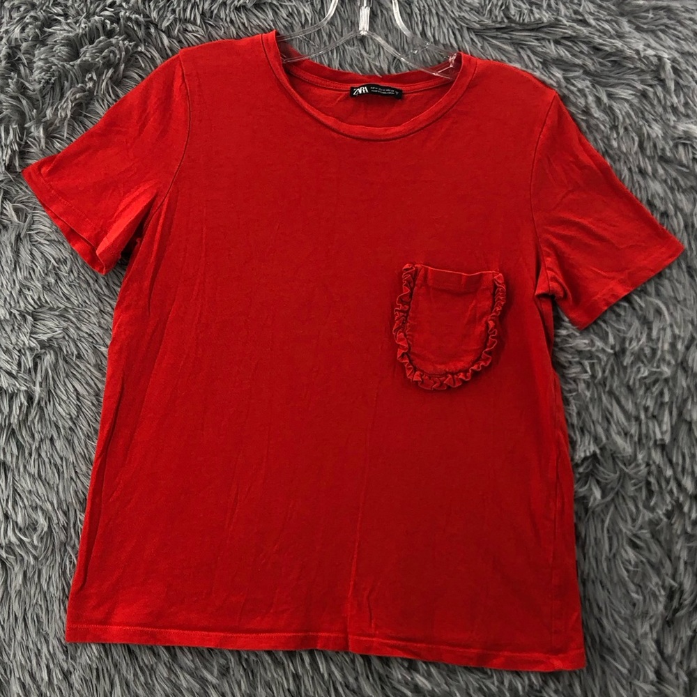 Zara Tshirt Womens Medium Red Ruffle Pocket Short Sleeve Shirt